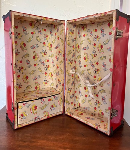 Vintage red metal doll case - red,