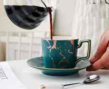 2 Set Coffee Tea cups and saucers Green with golden liners Luxury Ceramic Retro