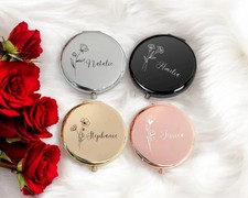 Personalised Floral Compact Mirror, Engraved Handbag Mirror Gift for Her