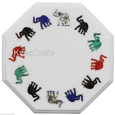 Elephant Pattern Inlay Work Corner Table for Bar White Marble Coffee Table Top