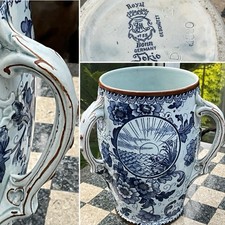 RARE ANTIQUE ROYAL BONN TOKIO GERMAN DELFT Blue 3 HANDLED TYG 7.25” SIGNED C1890