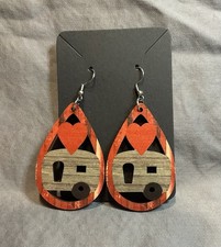 NWOT Tear Drop Red Camper Wood Dangle Earrings # 1156