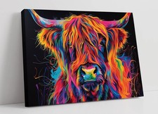 VIBRANT MULTI COLOUR HIGHLAND COW FRAMED CANVAS WALL ART PICTURE PRINT