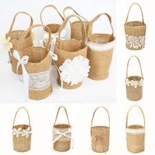 1X Rustic Wedding Flower Girl Basket Burlap Jute Lace Bowknot Flower Basket
