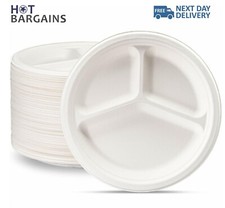 Super Rigid 10" Biodegradable Bagasse 3-Compartment Food Plates