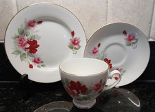 Vintage Royal Grafton Bone China Trio Tea Cup Saucer Side Plate Pink Red Rose VG