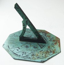Antique Octagonal English Bronze Engraved Sundial Plate Verdigris 19th Century
