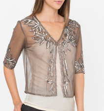 Shrug Bolero Jacket for Dresses - Bead and Sequin Sparkle Top Silver - S UK 8-10