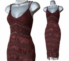 KAREN MILLEN Brown Crochet Knit Fringe Beaded V Neck Midi Dress Flapper UK 12