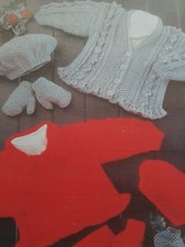 ARAN BABY/CHILDS V NECK/COLLAR CARDIGAN FRILL BOTTOM ,BERET,MITTENS 16-26" (269)