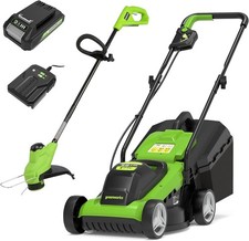 Greenworks 24V 33cm Cordless Lawnmower and Grass Trimmer with Battery