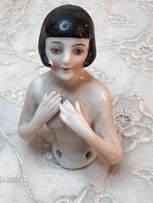Vintage German Porcelain Pin Cushion Flapper Doll Half Doll Approx 2.25"H