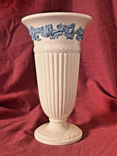 Wedgwood Queensware Blue on Cream 8.75" Footed Trumpet Vase