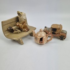 Bundle of 3 Pottery Figurines UK – Car ( tremar) , Teapot House & Man on Bench