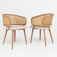 MODERN DINING CHAIRS SET OF 2 WITH RATTAN BACKREST & UPHOLSTERED PU PADDED SEAT