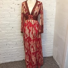 Vintage 60s red metallic embroidered paisley hostess dress maxi size small