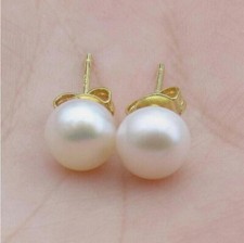 11-10mm Nice AAA  South sea White Natural Pearl Stud Earrings 14k Gold