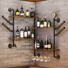 4 Tier Industrial Wall Wine Rack Floating Bar Liquor Shelves Pipe Glass Holder