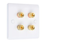 Speaker Wall Plate Dual / Bi Wire Gold 4 Binding Posts - Slim White 