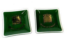 Pair of House of Commons Glass Trinket Dish Ashtray Glass Green Gold Portcullis