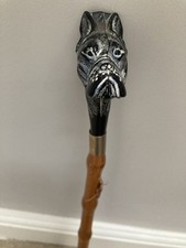 Vintage Hand Carved Shoe Horn Bamboo Brass Dog Head Pug.