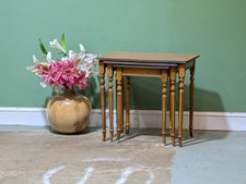 Vintage Oak Nest Of Tables Leather Top  Carved Wooden Legs Interlocking.