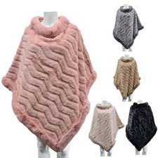 Women's Winter Poncho Faux Fur Trim Collar Warm Soft Ladies Cape Shawl Wrap NEW
