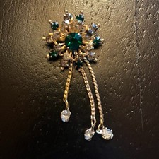 Vintage Coro Green and White Rhinestone Dangling Brooch Gold Tone
