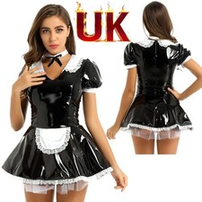 Women's PVC Leather V Neck French Maid Mini Bodycon Dress Anime Cosplay Costume