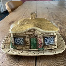 Sylvac Hand Painted Ceramic Butter Dish Thatched Cottage Vintage 