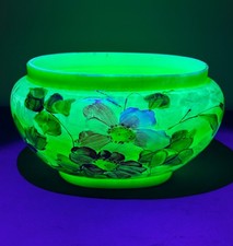 Strong Glow! Unusual hand painted floral Antique Victorian Opaline Uranium bowl