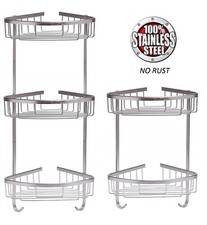 2 / 3 TIER RUST FREE STAINLESS STEEL SHOWER CADDY BATHROOM CORNER SHELF & HOOKS
