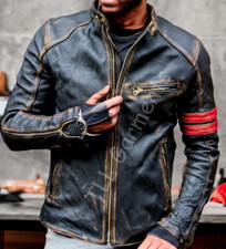 MENS MOTORCYCLE BIKER VINTAGE CAFE RACER DISTRESSED BLACK REAL LEATHER JACKET