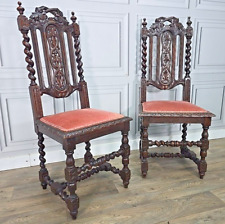 Pair 2 Antique Carved Oak Hall Bedroom Chairs Wooden Barley Twist - Victorian