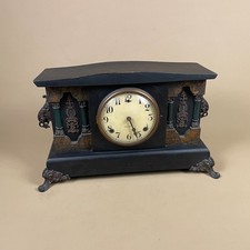 Antique Gilbert Mantel Clock USA Black Adamantine Case Ornate Feet Key Wind