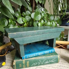 Vintage Wooden Green Foot Step Stool  Primitive Plant Stand Rustic Cottage