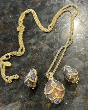 Vintage Joan Rivers Sable Brown Enamel Rhinestone Faberge Egg Necklace & Earring