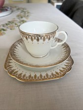 VINTAGE CUP SAUCER AND SIDE PLATE SET WHITE GOLD BY STANLEY BONE CHINA