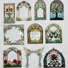 Stained Glass Arched Window Stickers 10pc Unique Designs Scrapbooking Journaling