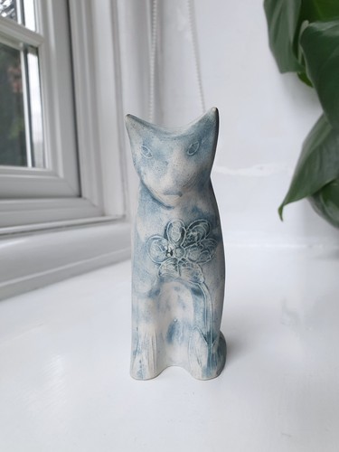 Carn pottery blue sitting cat - pottery,