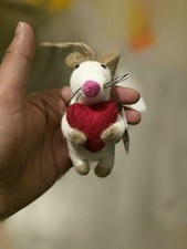 Handmade Felted White Mouse Holding Red Heart Hanging Ornament