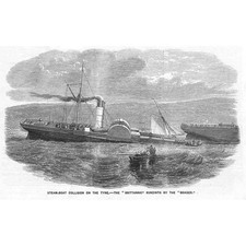 Steam Boat Collision on the River Tyne - Antique Print 1859