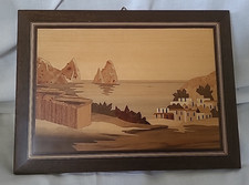 Vintage Marquetry Wood Inlay Wall Art Piece Italian Coastal Scene 23 x 17cm