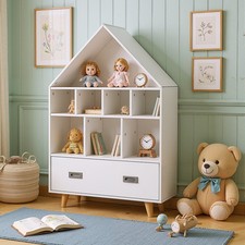 Kids House Shaped Bookshelf Storage Cabinet Toy Dollhouse Organiser with Drawer