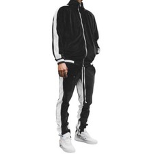 Mens velour tracksuit, black urban street wear jogging set 2 piece