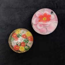 Vintage Glass Paperweight x2 Millefiori  & Red Pink Flower Petal 4.8cm