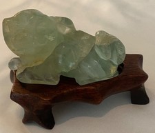 CHINESE Carved Green Jade FOO DOG Guardian Figurine Sculpture on Wood Stand