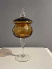 Vintage (1970s) Empoli Amber Glass Lidded Bon Bon/Sweet Jar. Twist Stem 25cm VGC
