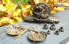 Tibetan antique portable weighing scales with 5 bronze buddhas