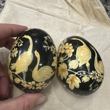 2 Large Russian ? Painted Mache Eggs Birds Both Signed JB